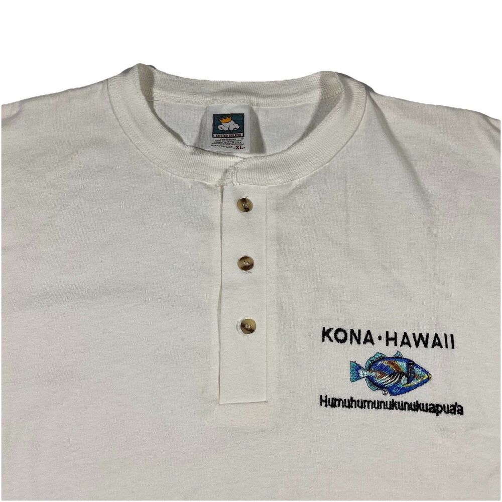 Vintage 90s Kona Hawaii Humuhumunukunukuapua’a Henley Shirt USA Made XL